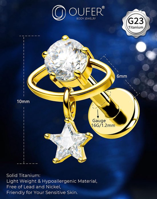 Body Piercing 16G Titanium Cartilage Earring Lip Stud Planet CZ with Star Dangle Internally Threaded Tragus Helix Labret Piercing Jewelry for Daily Party — afbeelding 2