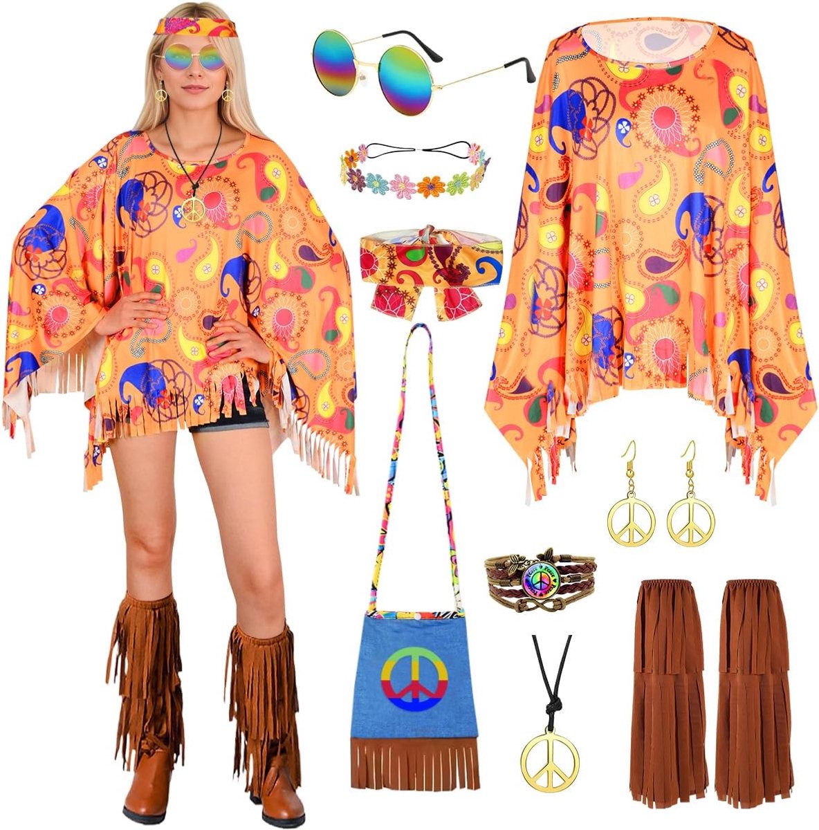Hippiekostuum voor dames, hippiejurk voor de jaren '70, jaren '60 voor carnaval, dames, andere hippie-accessoires, discocape, retro themafeest, Halloween, cosplay