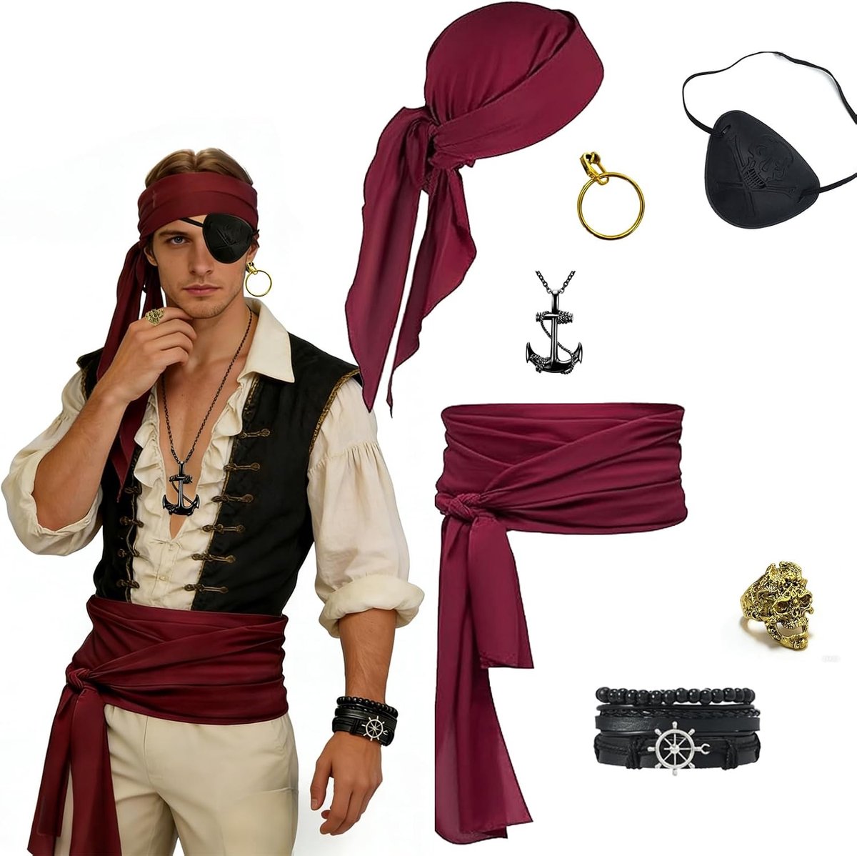 Kostuum accessoireset voor volwassenen - carnaval Halloween accessoires: sjaal, riem, armband, halsketting, ringen, oogpatch met één oog