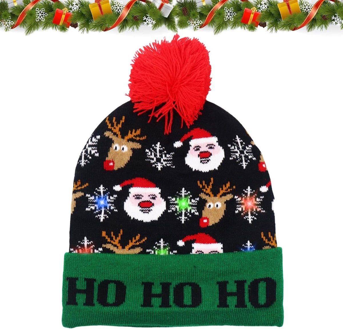 Kerstmuts met ledlicht, licht, zachte kerstmuts, kerstmuts met ledlicht, grappige kerstmuts, kerstmutsen voor kinderen en volwassenen