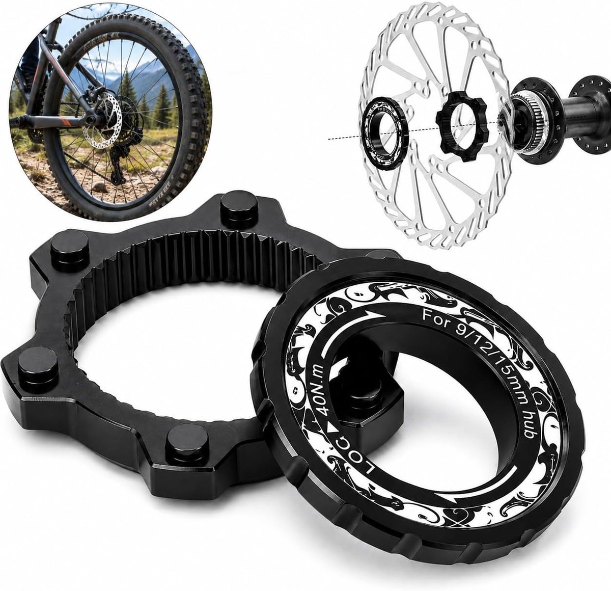 Center Lock Adapter, Fietsen Center Lock 6-bouts Schijfremrotoradapter met Borgring Centerlock-adapter van Aluminiumlegering voor Mountainbikes (Zwart)