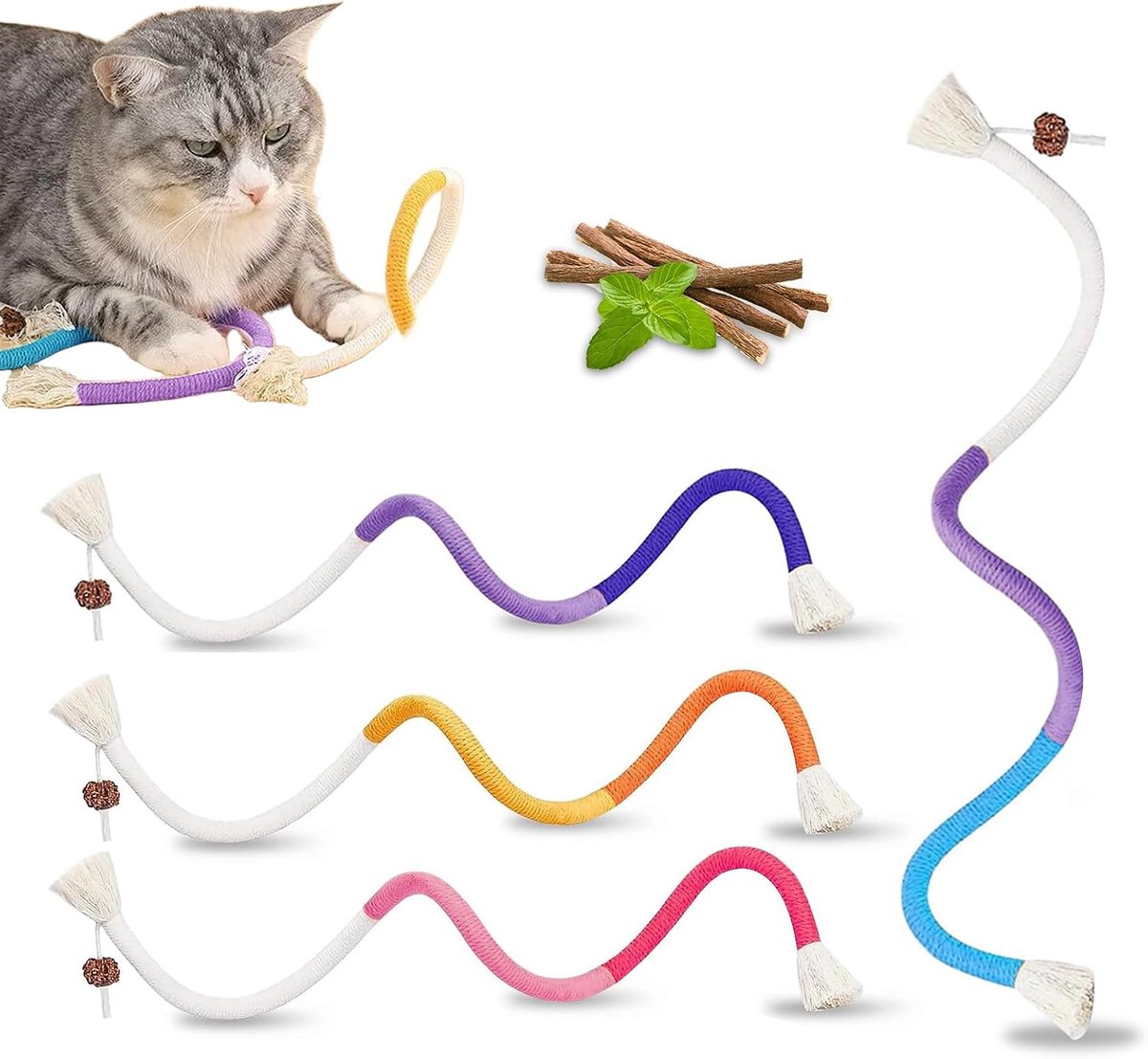 4 stuks kattenkruid, speelgoed, bijttouw, kattenspeelgoed, bijttouw, kattenkruidstokken, interactief kattenspeelgoed voor katten, tandverzorging en tegen slechte adem