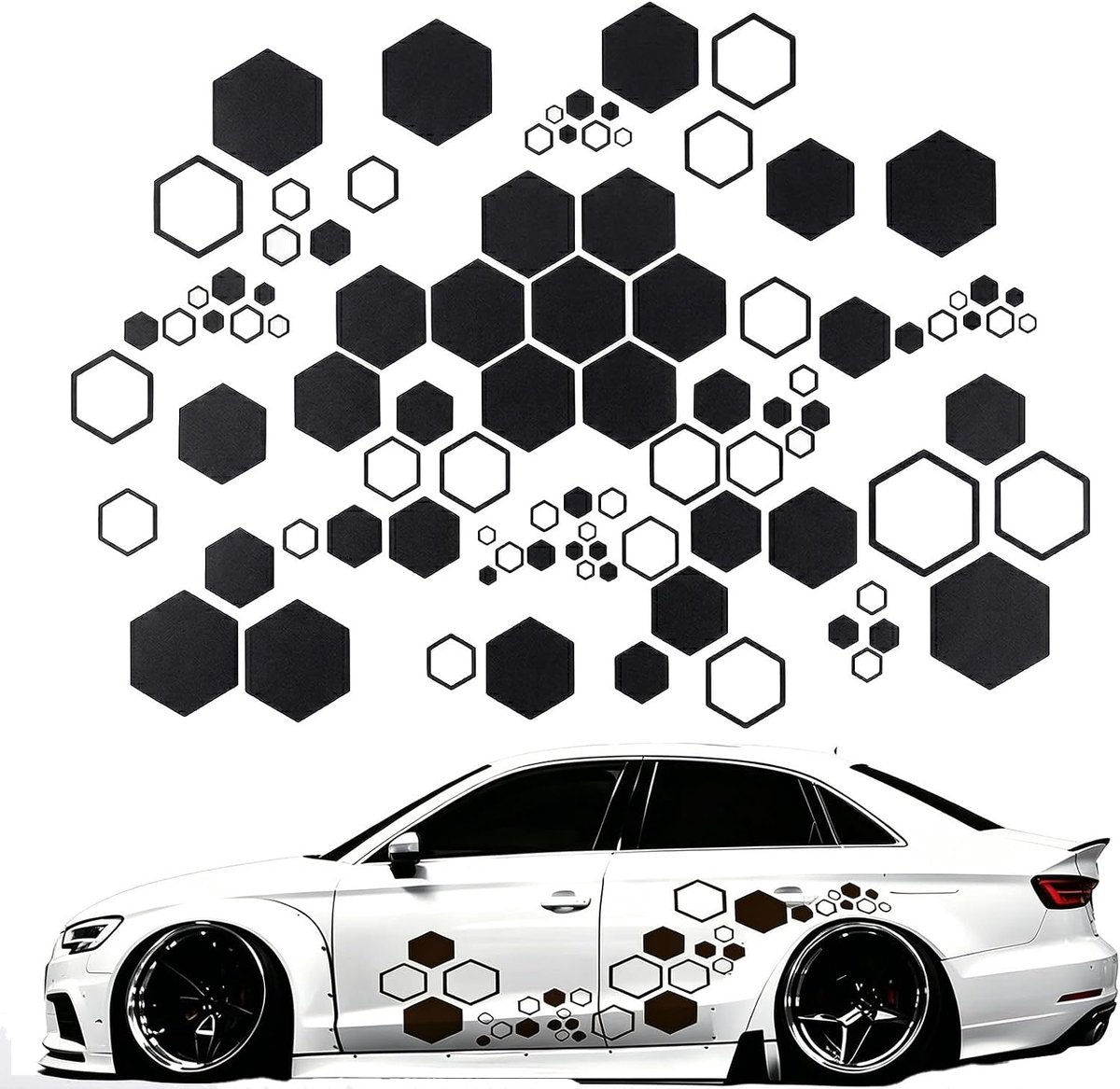 52 stuks autostickers met zeshoekig honingraatpatroon, decoratieve stickers voor motorfiets en auto, vinyl, ter bescherming tegen krassen, zwart