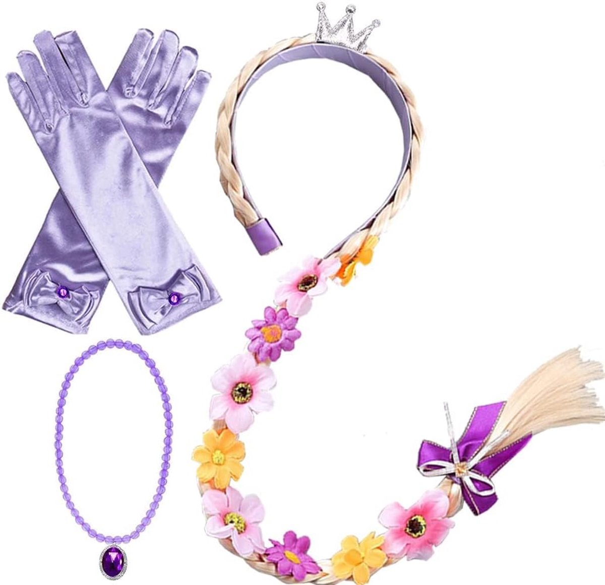 3 stuks prinsessenaccessoires, bevat prinsessenpruik vlecht, handschoenen en halsketting, voor gevlochten kinderverjaardagsfeest, themafeest, Halloween, carnaval