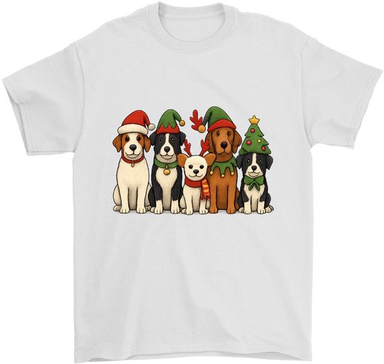 T-shirt blanc avec une illustration de cinq chiens en tenues de Noël.