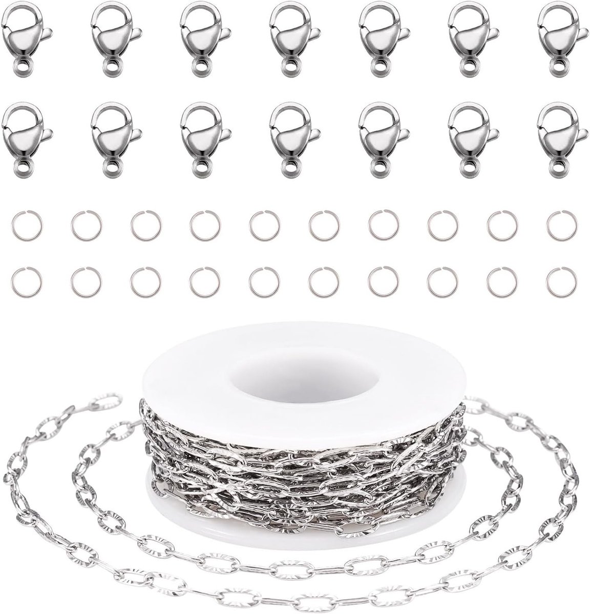 5m RVS Ovalen Link Chains Ongebleven Getekende Oblong Paperclip Kettingen met Kreeftsluiting en Verbindingsringen voor Armband en Sieraden Maken