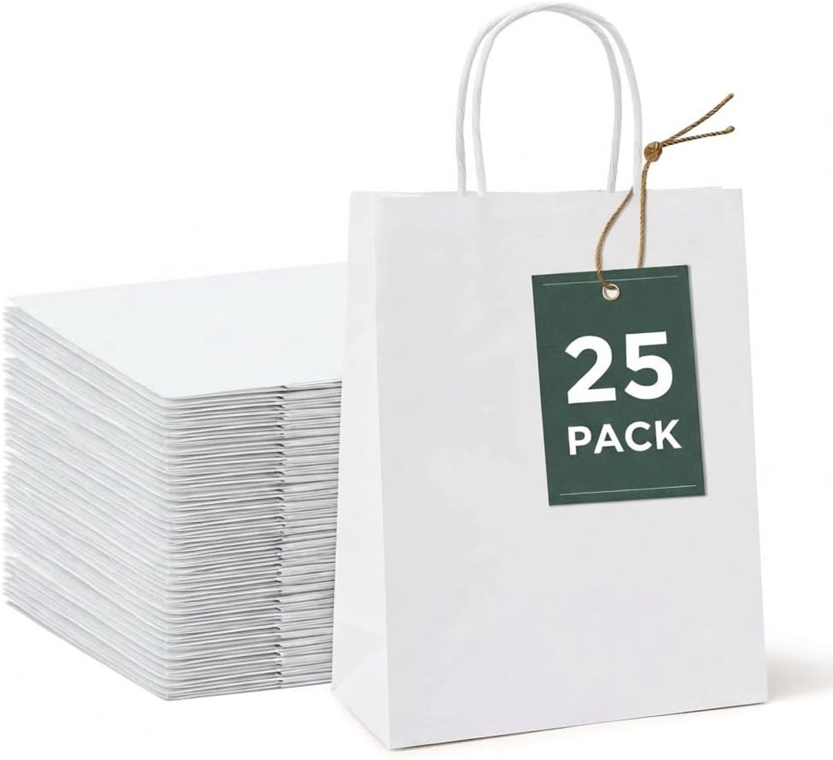 Papieren zakjes, cadeauzakjes, 25 stuks, wit, 20,3 x 10,8 x 26,7 cm, kraftpapier met handvat, voor verjaardag, Kerstmis, bruiloft, detailhandel, doe-het-zelf