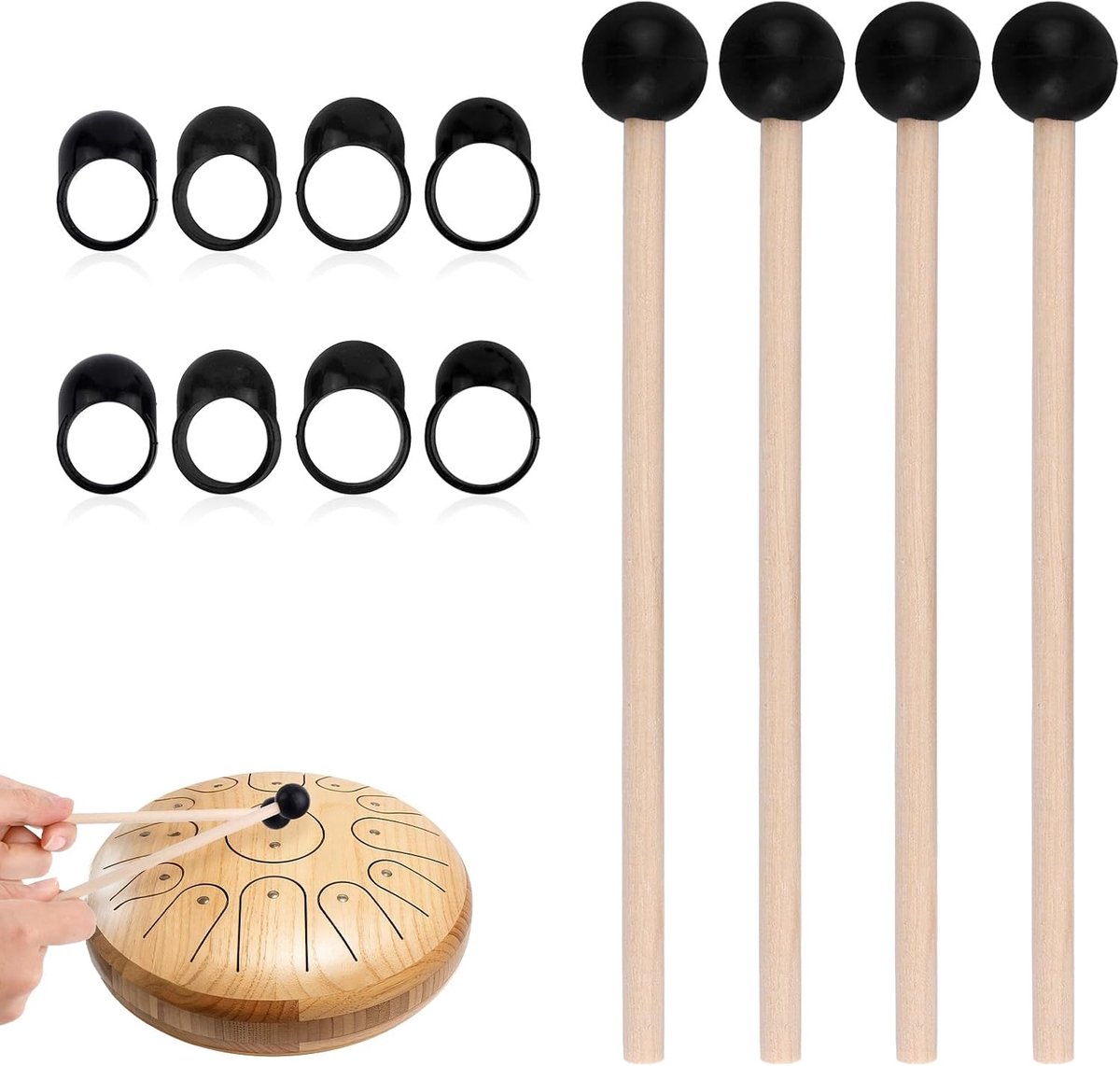 4 Stuks Tongtrommelstokken, Xylofoonstokken met 8 Vingerhoedjes Glockenspiel Drumstokken Rubberen Percussiestokken voor Marimba Pauken Tongtrommelbel