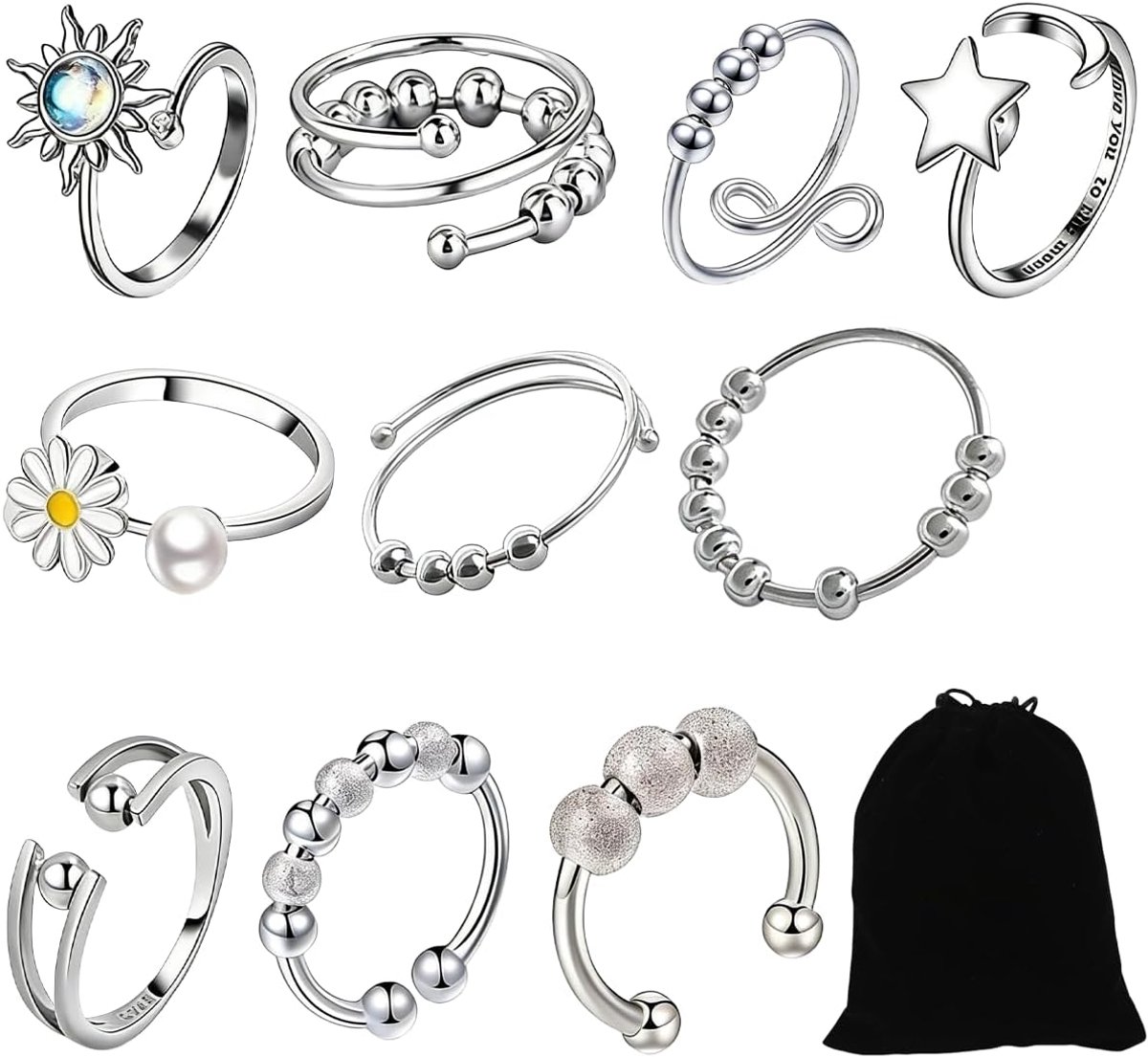 10PCS Angst Ring voor Vrouwen, Zilveren Fidget Ring voor Tienermeisjes, Verstelbare Open Spinner Ringen voor Angst Vrouwen Dochter, Verstelbare Fidget Ring voor Anti-Stress - Star Moon Finger Spinner