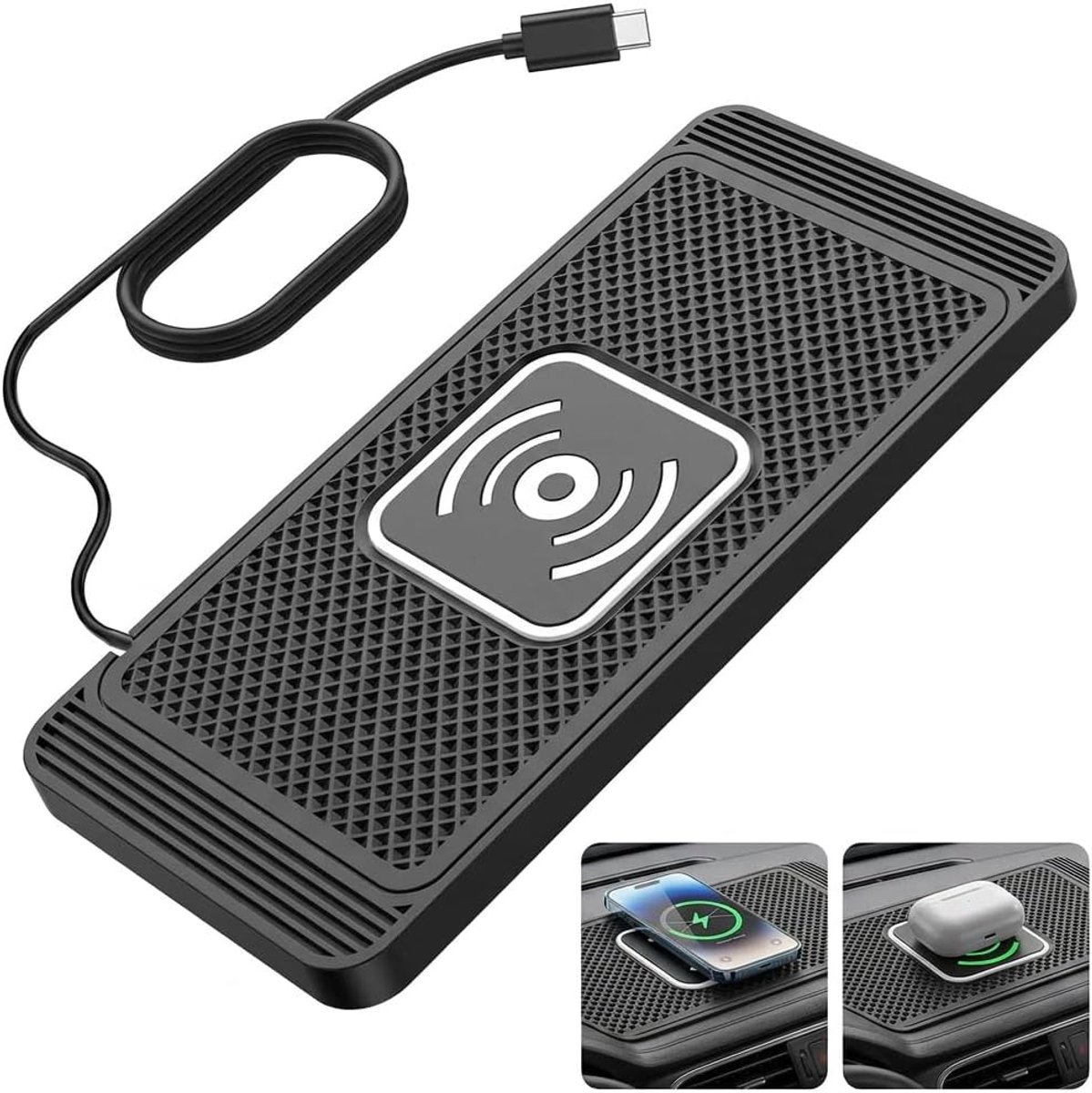 Draadloze autolader, snellader QI met USB-C-kabel, 1 m, voor iPhone 17, 16, 15, 14, 13, 12, 11, Galaxy S22/S21, telefoonlader voor auto, antislip, snel opladen