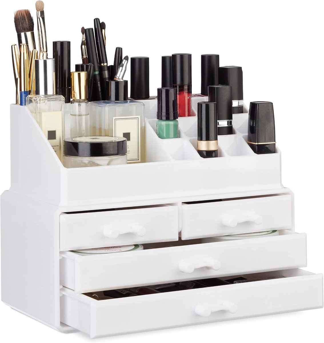 Make-up organizer, 4 lades, 20 vakken, lippenstift houder, acryl, 2-delige cosmetica opbergdoos, wit