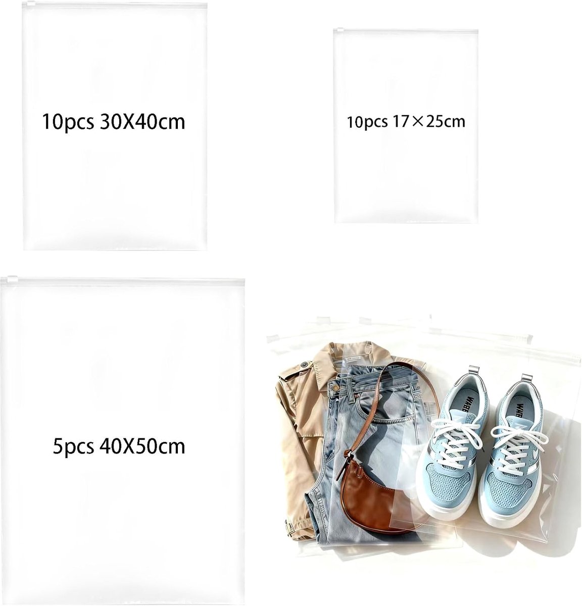 Zakken met ritssluiting, groot, herbruikbaar, 3 maten, reistas, waterdicht, transparant, plastic zakken, opbergzakken voor kleding, ondergoed, handdoek, schoenen, cosmetica, 25 stuks