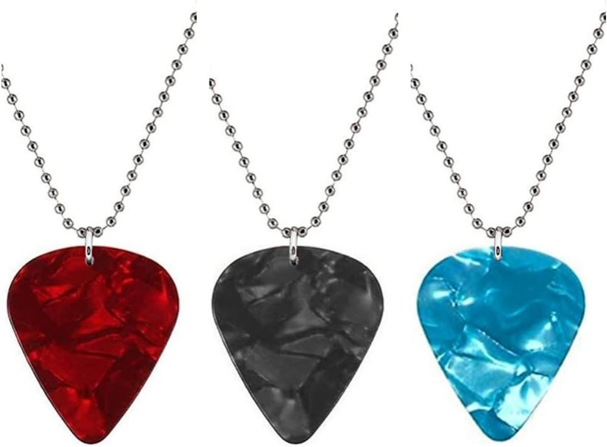 Halsketting met Gitaarpicks voor Mannen en Vrouwen, 3 Stuks Celluloid Picks voor Akoestische en Elektrische Gitaren (Zwart, Rood, Blauw)