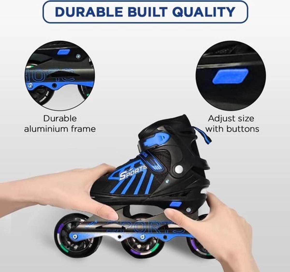 Inline verstelbare skates medium maat 34-38 EUR blauw aluminium chassis 100 mm PU drie wielen ABEC 9 lagers 6-12 jaar indoor outdoor