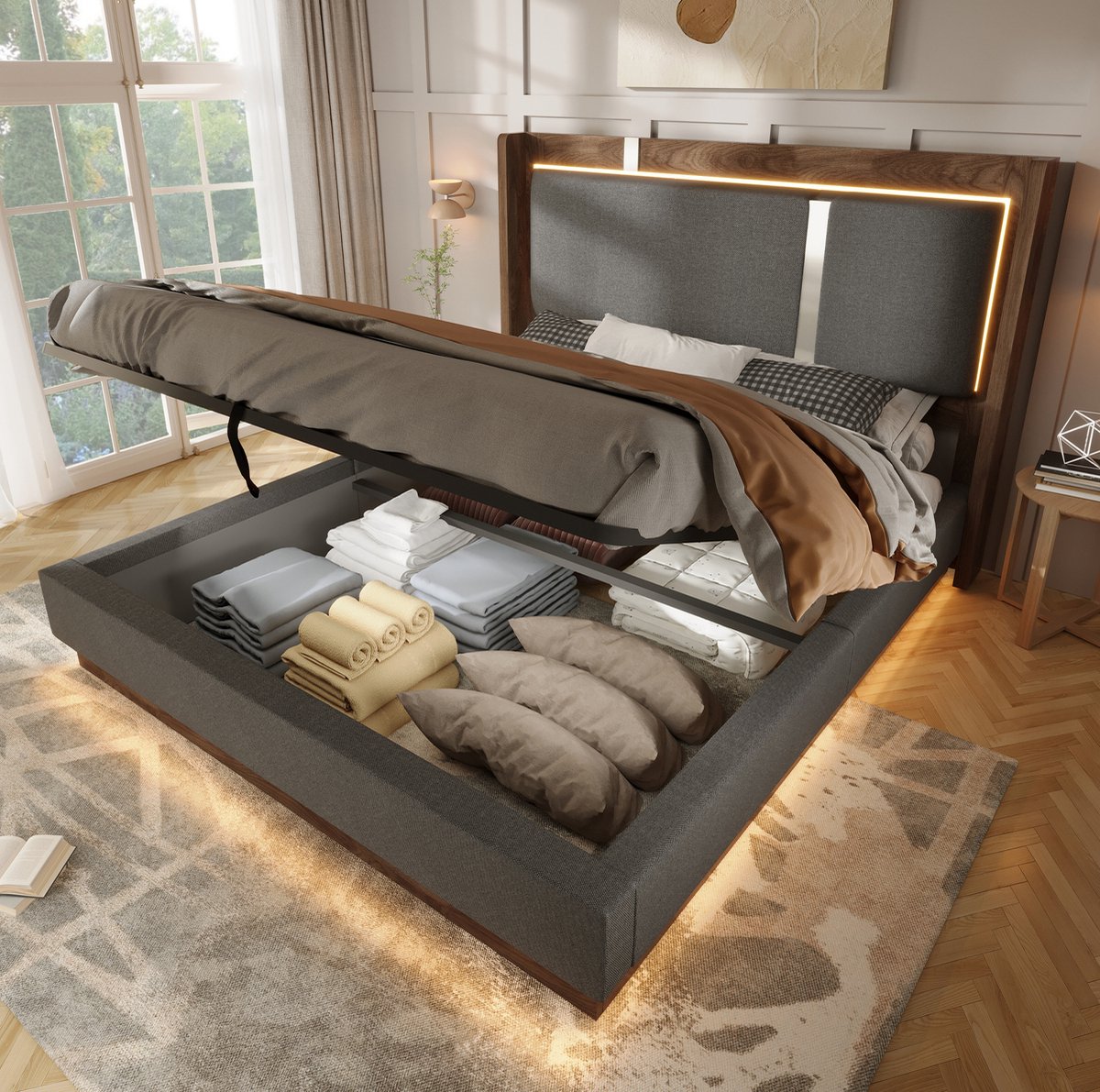 MEUNIQ Gestoffeerd tweepersoonsbed 140 x 190 cm met lattenbodem, hydraulische opbergruimte en LED-verlichting, grijs walnoot, zonder matras