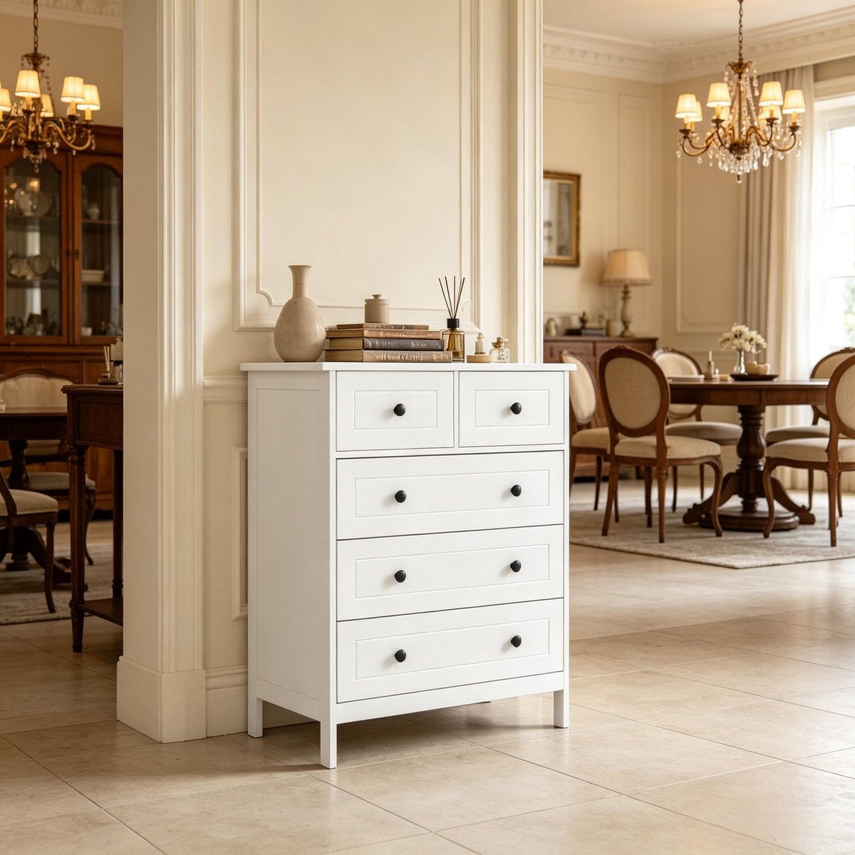 REDOM - Ladekast - 5 lades - 2 kleine en 3 grote lades - Anti-kantelbeveiliging - Modern design - Slaapkamer keuken of hal - MDF en spaanplaat - Wit - 74 x 40 x 91 cm