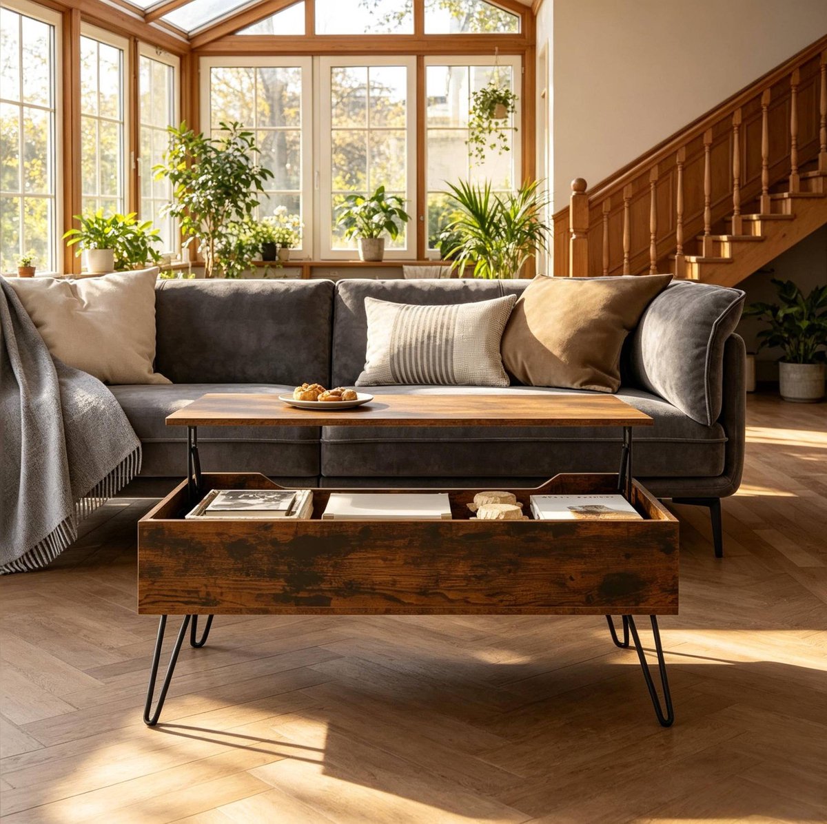 MEUNIQ Salontafel 95 x 50 cm met in hoogte verstelbaar blad, verborgen opbergruimte en V-vormige metalen poten voor woonkamer, rustiek bruin