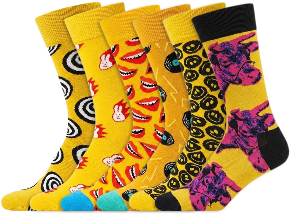 6 Paar – Happy Socks – Dames & Heren – Thema Geel – Katoen – Diverse Printjes