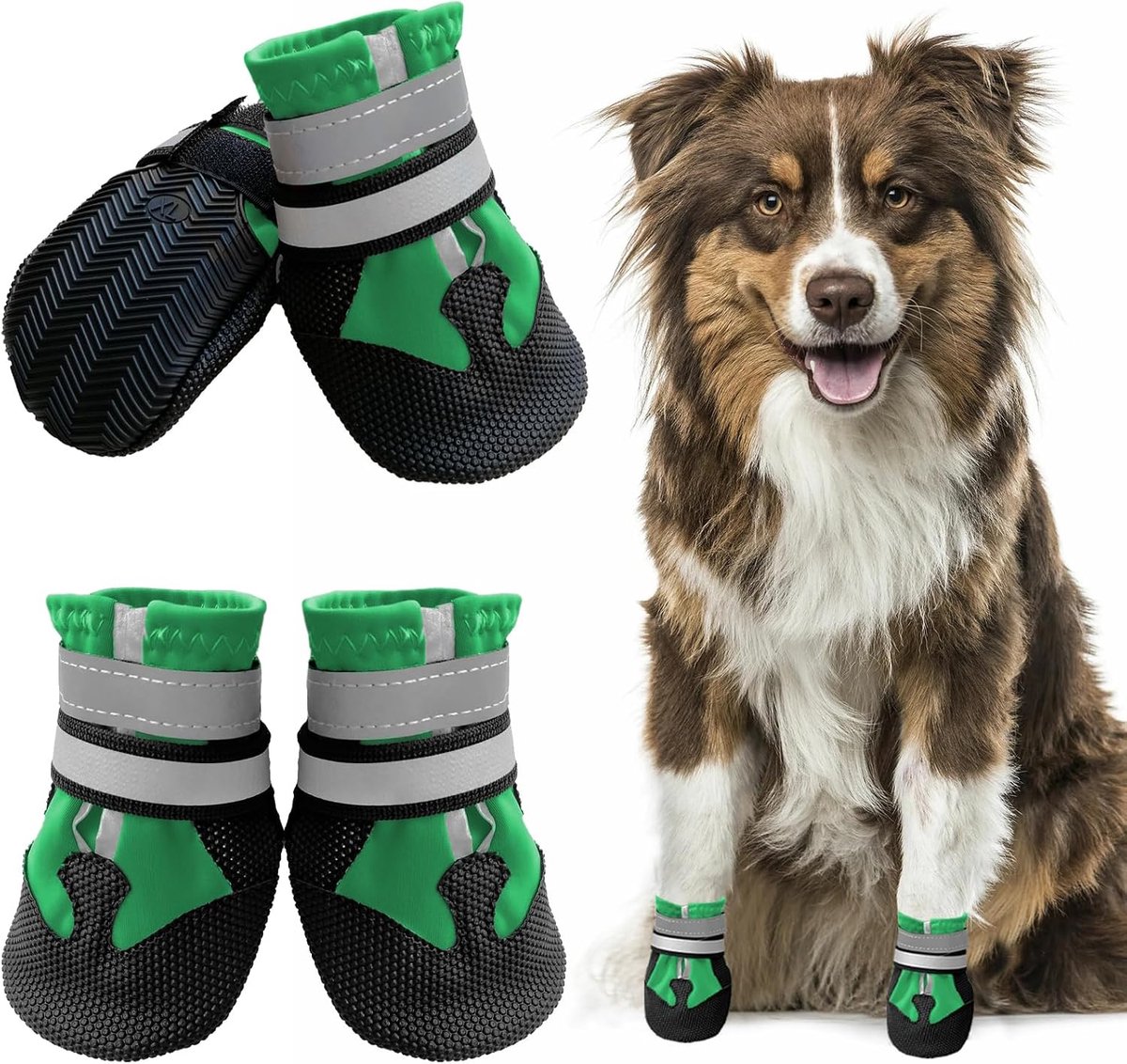 Schoenen, pootbescherming, 4 stuks, waterdichte anti-slip hondenlaarzen met antislipzool en reflecterende klittenbandsluiting, schoenen voor kleine, middelgrote en grote honden (groen