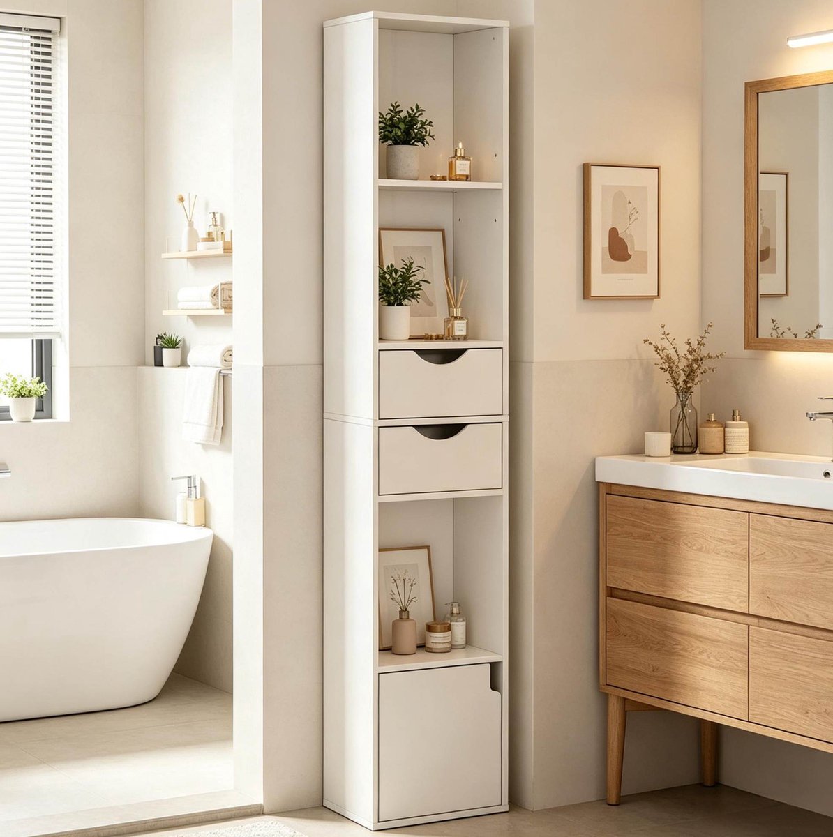 MEUNIQ Smalle witte boekenkast 30 x 24 x 157,5 cm met 3 open vakken, 2 lades, kastdeur en verstelbare plank voor woonkamer of kantoor