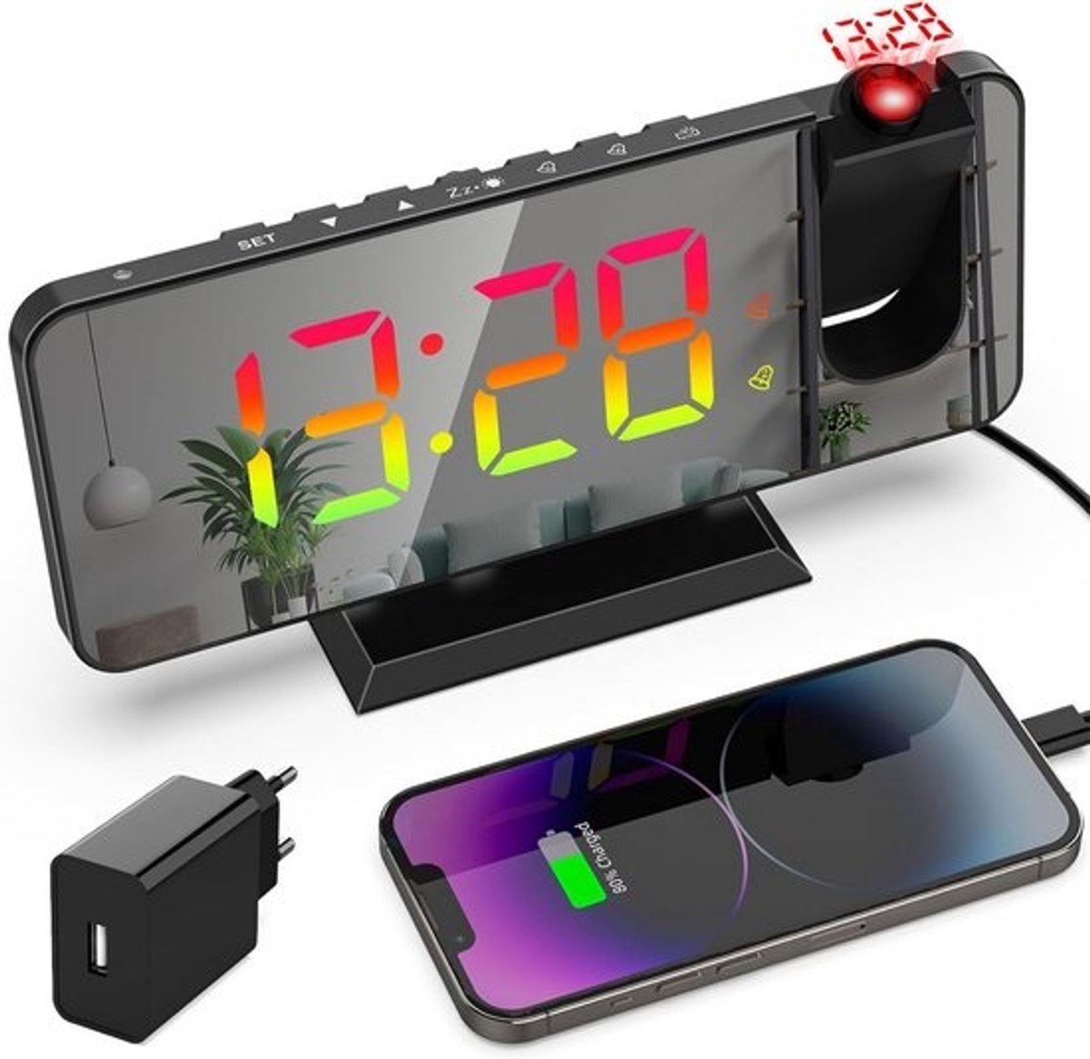 Digitale Wekker met Projector, 11 Kleuren, Dimbare Display en Dubbel Alarm
