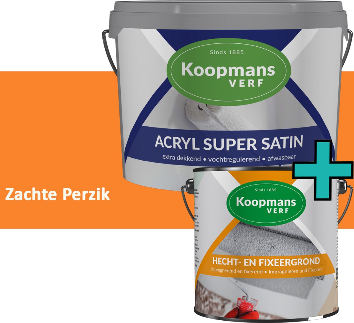 Koopmans Hecht- en Fixeergrond 2,5 l + Acryl Super Satin Muurverf - Set - Primer + Zijdeglans Muurverf Binnen en Buiten - Afwasbaar en Dekkend - Zachte Perzik - 1 l