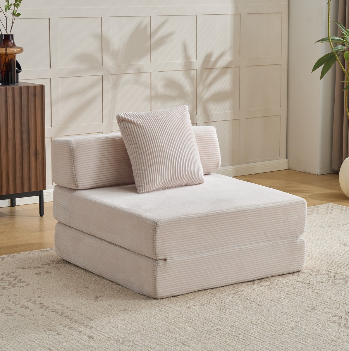 OKWISH Slaapbank 1-Zits - Opvouwbare Vloersofa Met Slaapfunctie - Voor Woonkamer, Slaapkamer En Studentenwoning - Ribfluweel - Wit