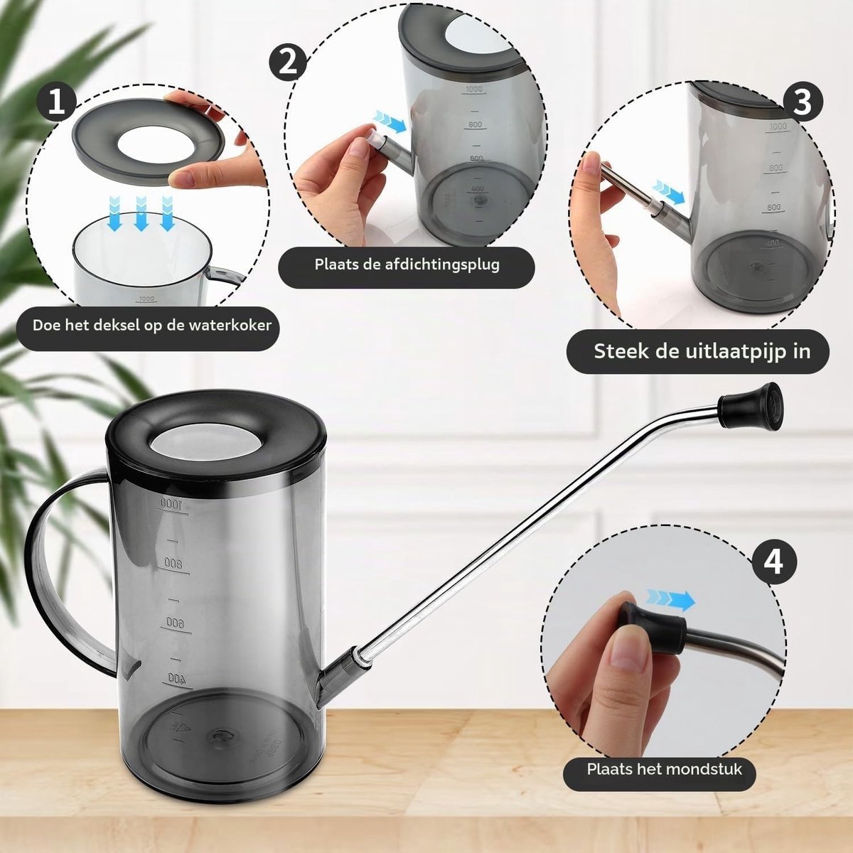 Praktische gietkan voor binnenplanten met lange hals en sproeikop - 1 liter capaciteit, ideaal voor huisplanten en kamerplanten, grijs ontwerp