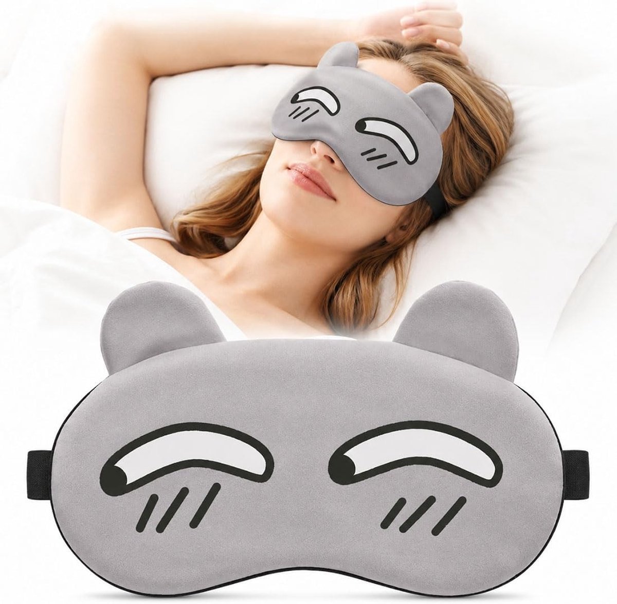 Cartoon Oogslaapmasker - Ademend en Zacht Slaapbril voor Reizen, Vliegtuig en Thuisgebruik, Grijs en Comfortabel