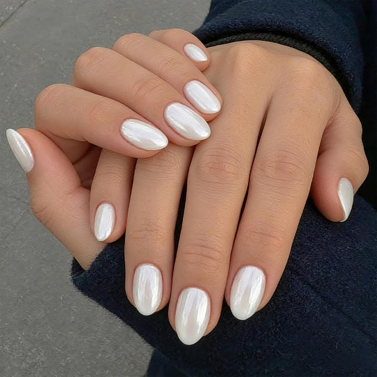 Chrome Press On Nails, 32 stuks plaknagels, kunstnagels, French look kleefnagels, spiegelend design, volledig dekkende acrylnagels, herbruikbaar voor DIY-manicure