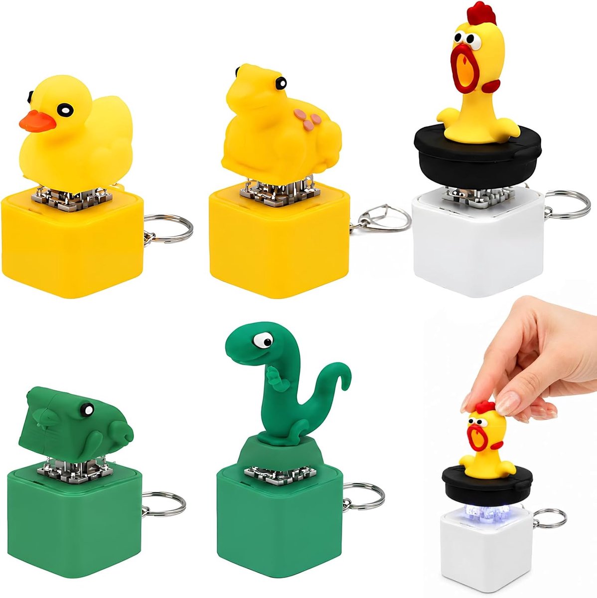 Set van 2 sleutelhangers met kwakend fidget-speeltjes met lichtjes, eendje-fidget sleutelhanger & kikker-fidget sleutelhanger