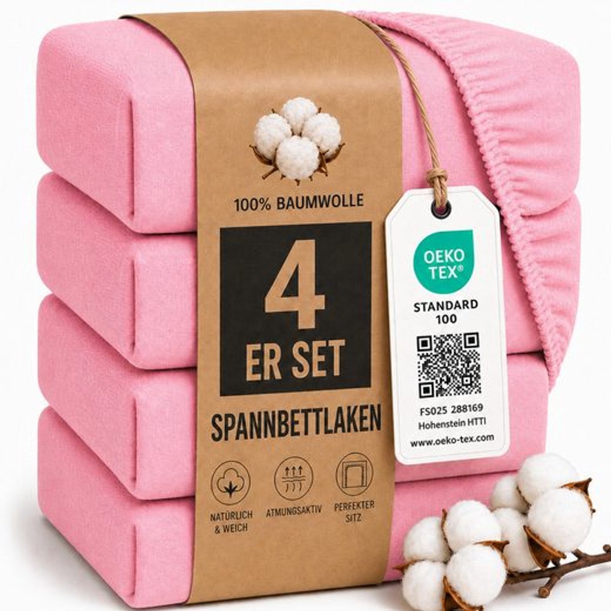 Komfortec Jersey Stretch 4-delige Hoeslaken Set 90x200 cm, 23 cm Matrasdikte, Rondom Elastiek, 100% Katoen, Pink
