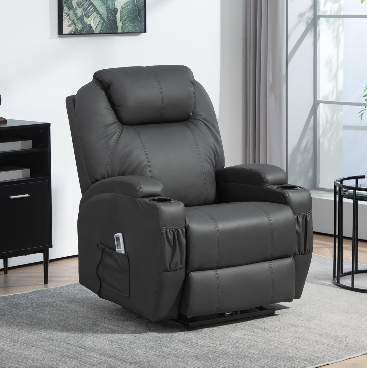 MEUNIQ Elektrische massagestoel en relaxfauteuil met 8-punts vibratiemassage, verstelbaar tot 165°, voetensteun en afstandsbediening, donkergrijs voor woonkamer