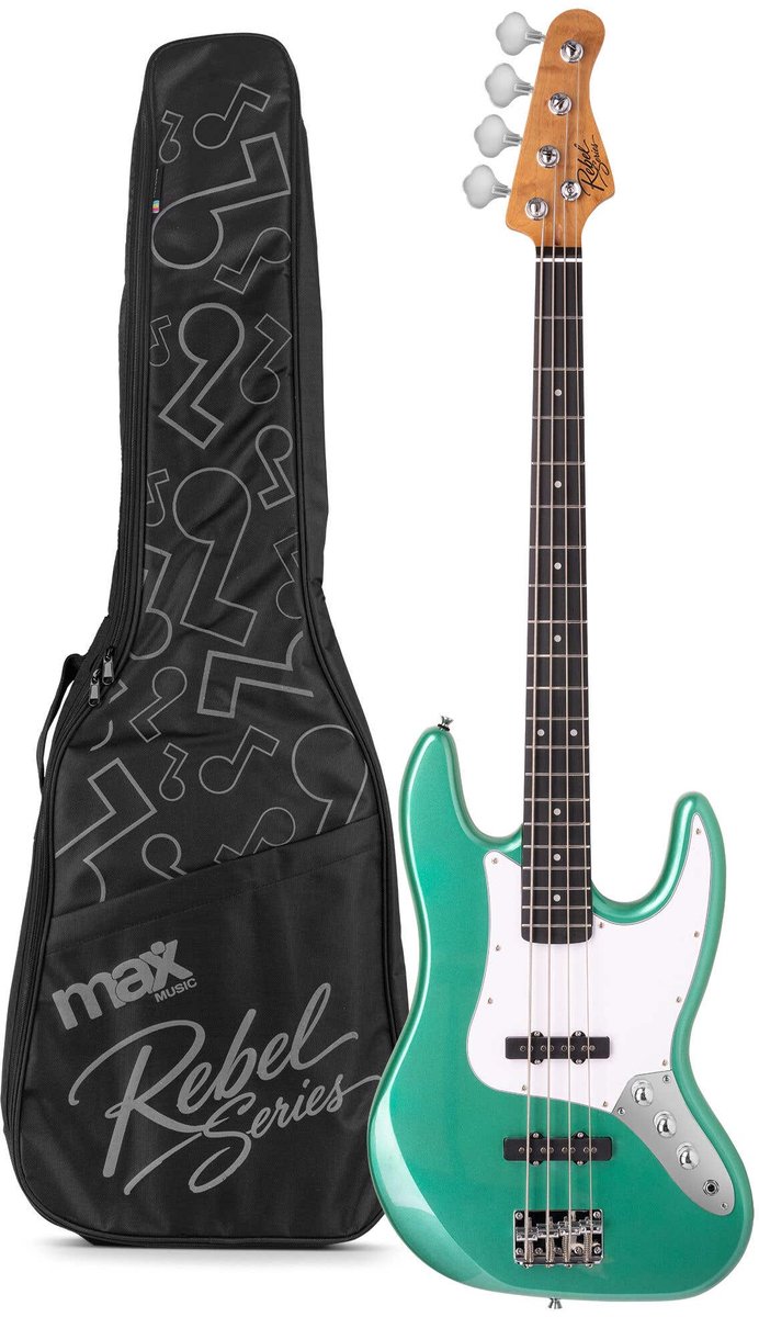 Basgitaar - MAX Rebel JB - Met online muziekcursus - Roasted maple hals met 20 frets - Incl. gitaartas - Metallic Green