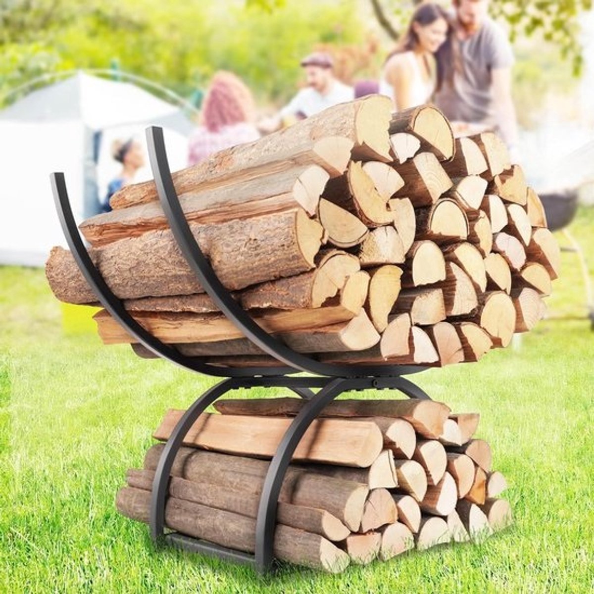 Brandhout Rek - Hout Opslag - Buiten Haard - Zwaar Metaal - 58 cm Breed - Zwart