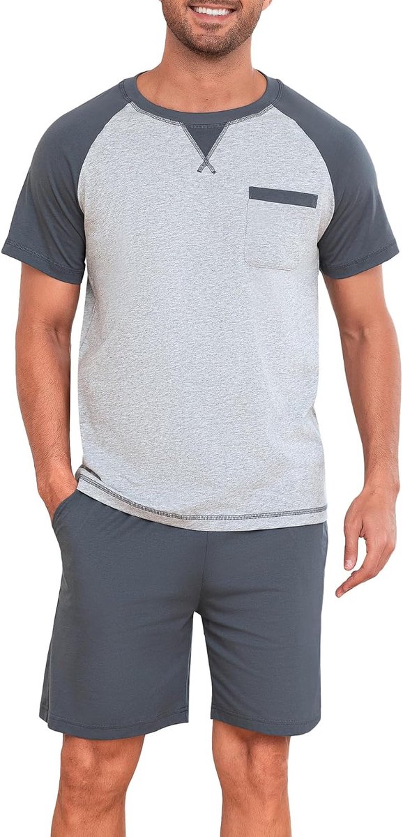 herenpyjama van 100% katoen, zomerpyjamaset met raglanmouwen, tweedelig ademend huispak voor mannen, nachtkleding met borstzak en trekkoord