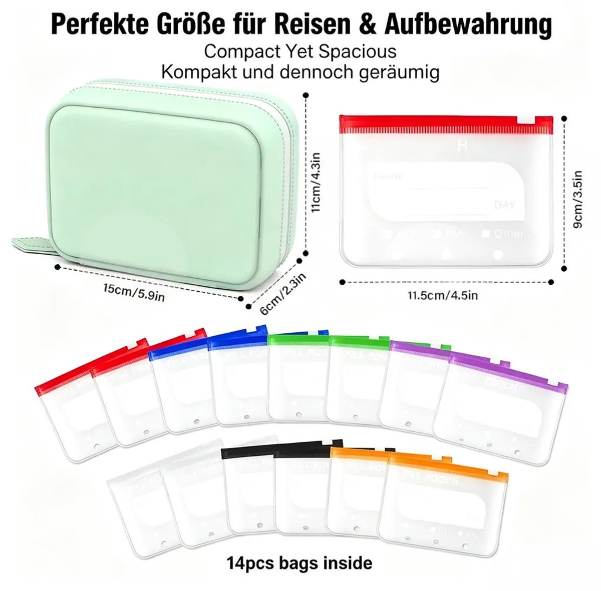 Pillendoosje op reisformaat, 14 siliconen zakjes, voldoende Geschikt voor 7-14 dagen, Geschikt voor ritssluiting, turquoise kleur.