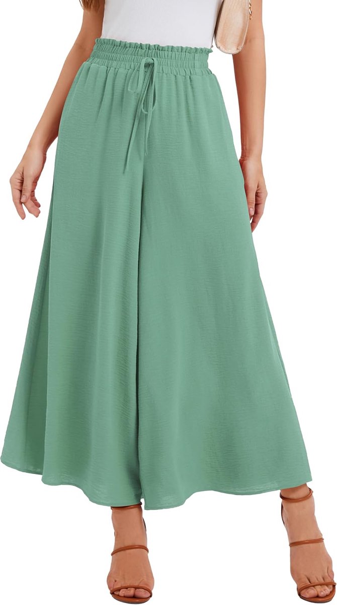 Pantalon voor Dames Zomer Elastische Hoge Taille met Trekkoord Luchtig Palazzo Broek Met 2 Zakken Voor Dagelijks Gebruik & Vrije Tijd