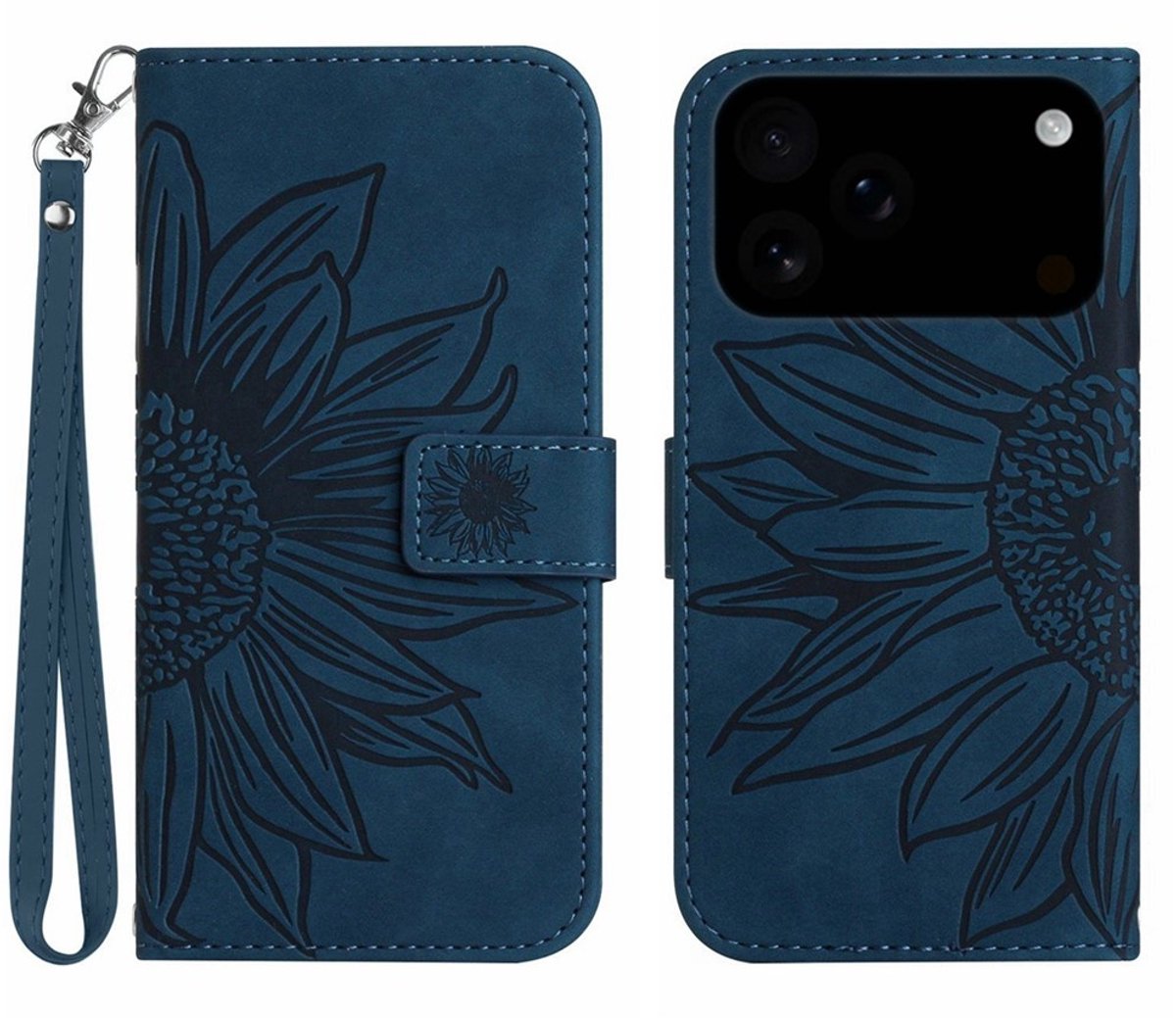 Coverup Hoesje - Geschikt voor iPhone 18 Pro Max / 17 Pro Max Hoesje - Coverup Zonnebloem Book Case met Koord - Donkerblauw