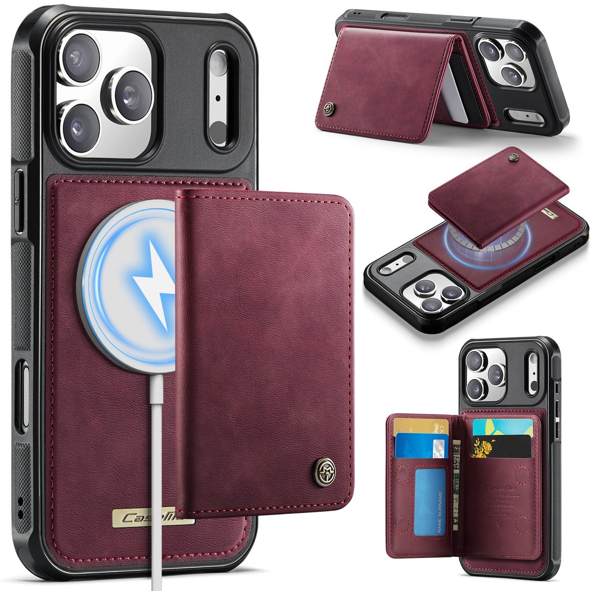 CaseMe Hoesje - Geschikt voor iPhone 18 Pro / 17 Pro Hoesje - CaseMe ME80 Leather Back Cover - MagSafe Kaarthouder - Rood