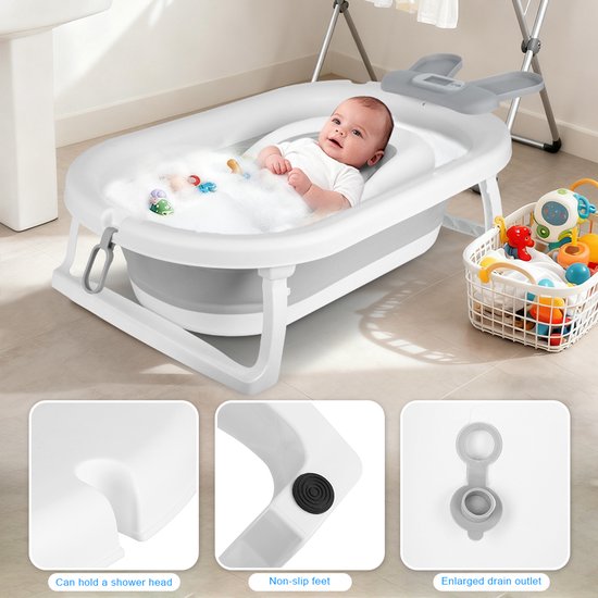 PIPIPOXER- Opvouwbaar babybadje - Babybad - met digitale thermometer en badstandaard en shampoo kapje - Peuterbad -Cadeaus geven - Grijze konijn — afbeelding 3