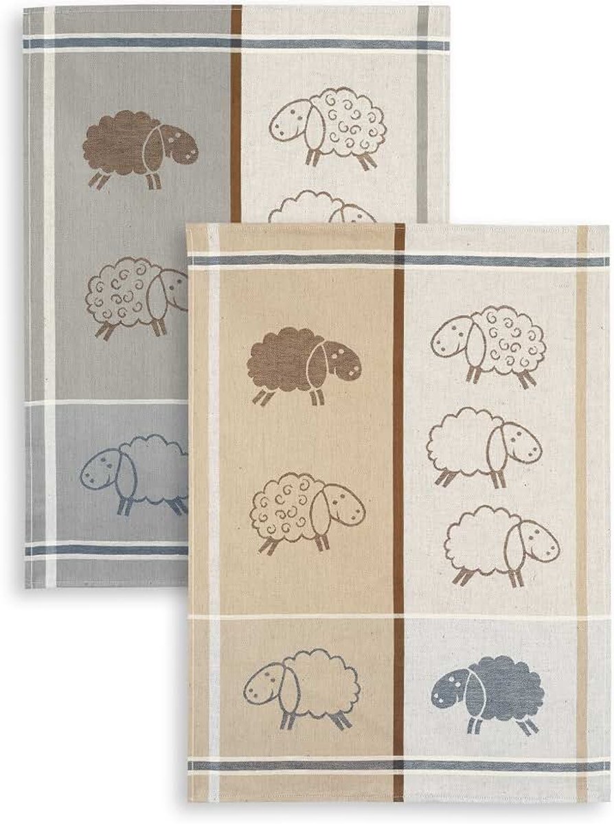 Theedoek, KRACHT, halflinnen, schapen, beige/grijs, formaat 50x70cm