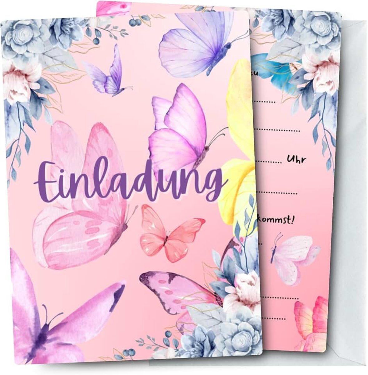 Uitnodigingskaarten incl. bijpassende enveloppen voor meisjes kinderverjaardag - schattige pastel kaartenset met vlindermotief
