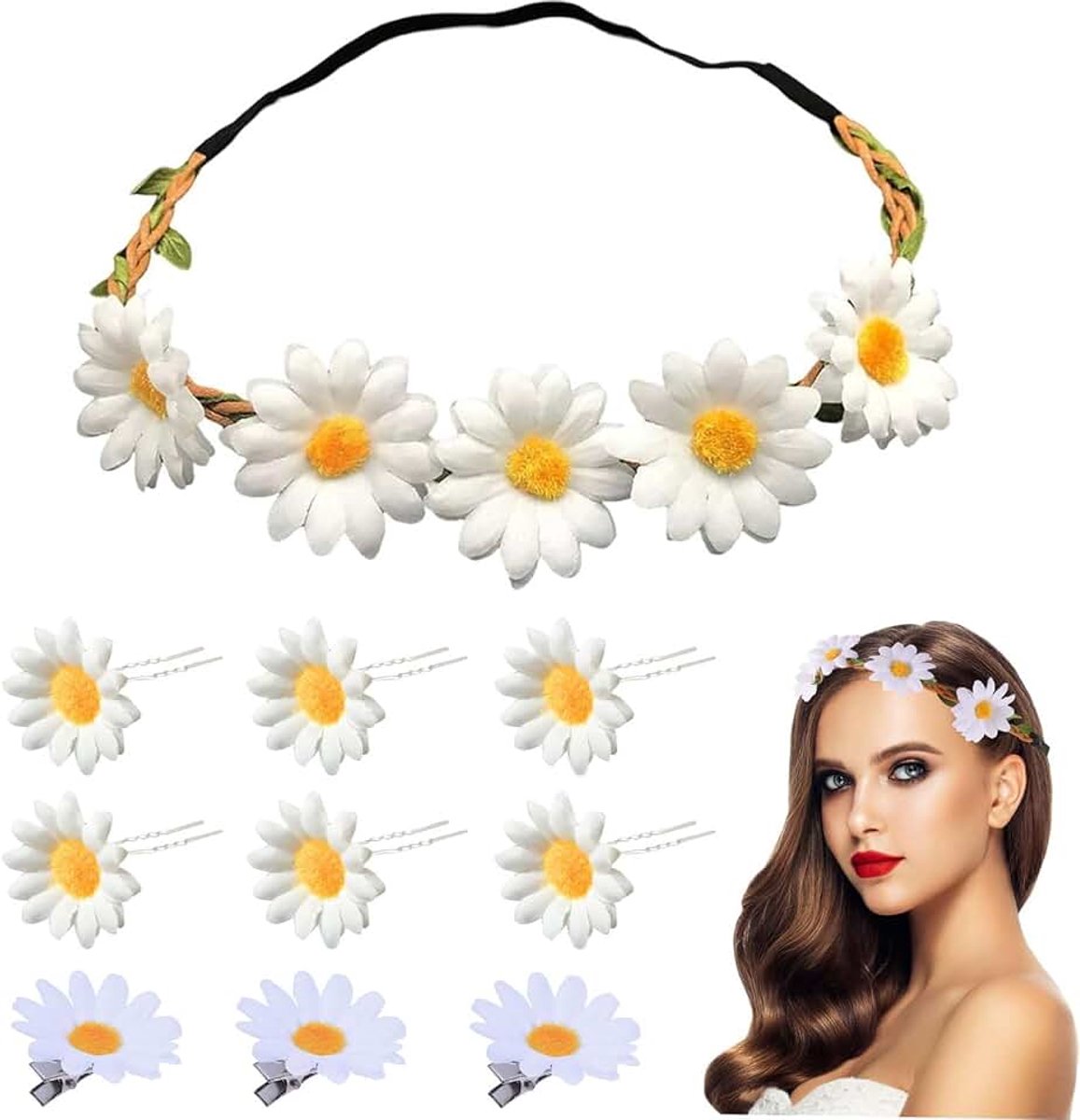 10 stuks klederdrachthaaraccessoires, madeliefjes-hoofdband, bloemenhaarband, haarband, dirndl, elastische bloemenkrans, bloemenhaarclips, Boheemse stijl klederdrachtaccessoires voor dames