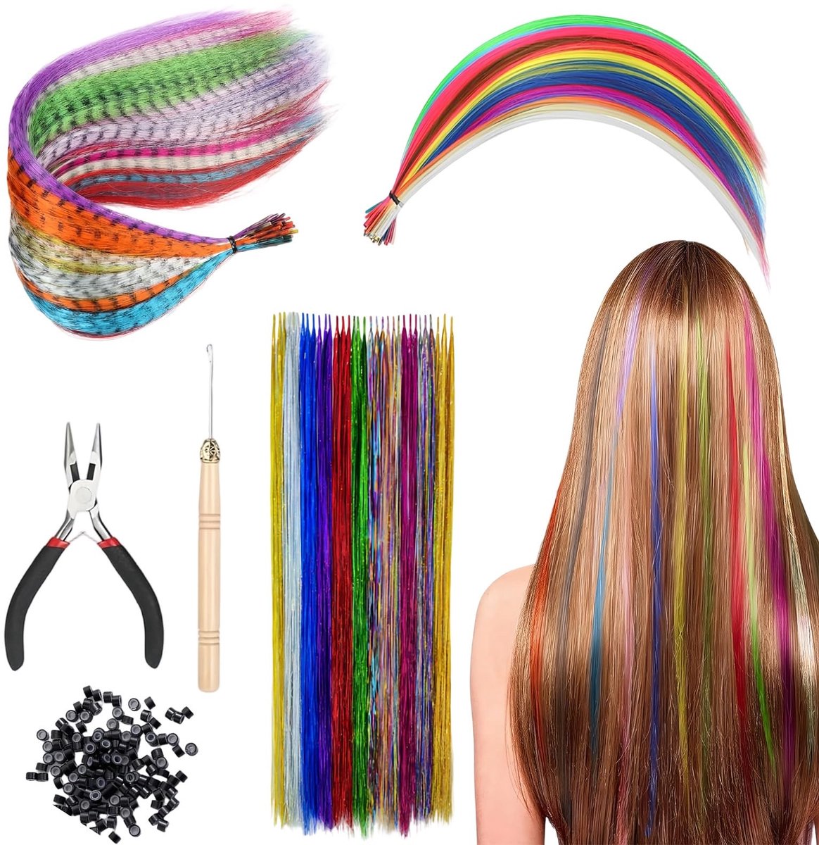 66 stuks set haarstrengen voor kinderen met tang & accessoires - hoge temperatuur kunsthaar highlights in 12 kleuren - incl. 100 haarelastieken voor vlechten & paardenstaarten - salonkwaliteit