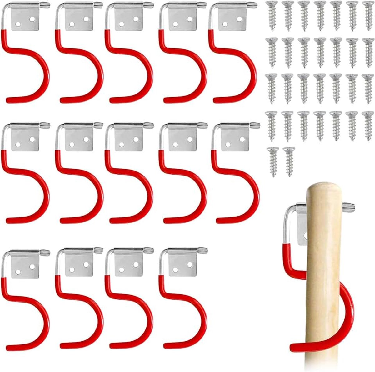 15 stuks, metalen haken, gereedschapshouder, rode haken, bezemhouder, gereedschapshouder, met 30 stuks schroeven, tuingereedschapshouder voor garage-opbergsystemen