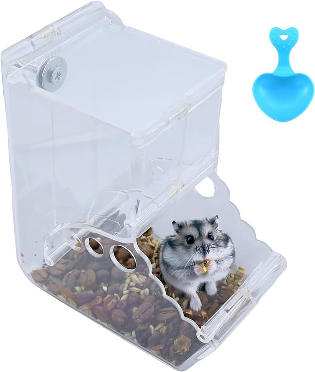 Automatische hamstervoederautomaat, grote capaciteit, transparant, zwaartekrachtvoerstation, geschikt voor hamsters, cavia's, papegaaien (400 ml), met 1 voederlepel
