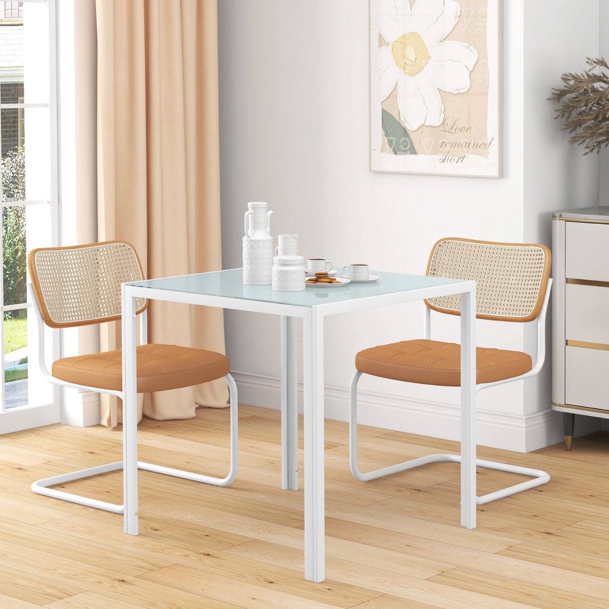 STILVORA Eettafel - Vierkante Glazen Tafel met Wit Metalen Onderstel - Voor Keuken en Eetkamer - 4 Personen - tot 80 kg - 75 x 75 x 75 cm - Wit