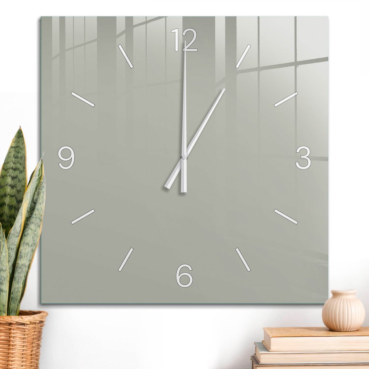 ArtPrintCave Groene Glazen Klok - 60x60 cm - Wandklok Vierkant - Neutraal Grijs Unieke Klok - Abstractie Stille Wandklok - Witte Klokwijzers