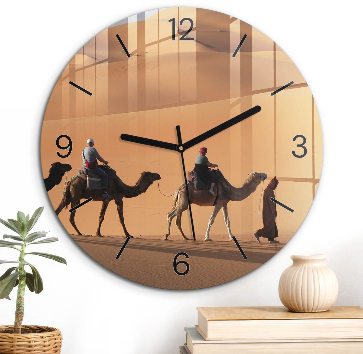 ArtPrintCave Oranje Glazen Klok - Wandklok 30 cm - Muurklok Rond - Woestijnreis Wandklok Keuken - Dieren Unieke Klok - Zwarte Klokwijzers